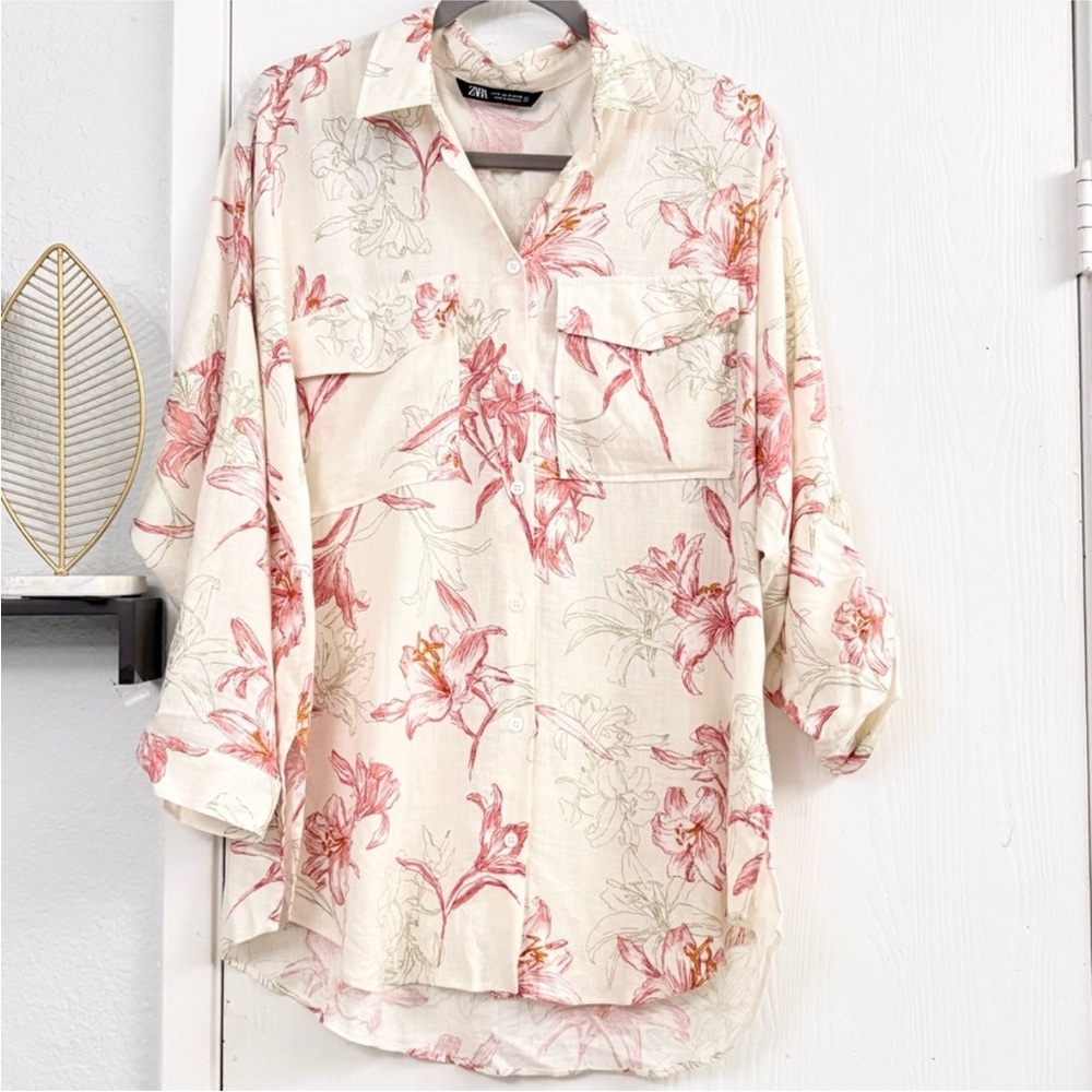 Zara Oversized Cream Floral Button-Front Shirt - Pink/Red Print Size M
